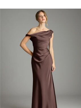 Azazie One-Shoulder Satin Gown in Ganache stretch satin